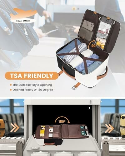 TSA-friendly luggage with suitcase-style opening, shown open at 180 degrees with organized contents.