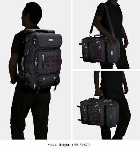 Person carrying a versatile black travel backpack in different positions.