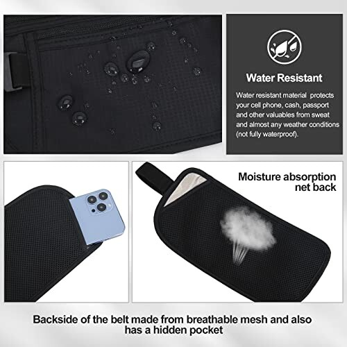 Water-resistant belt with moisture absorption net and hidden pocket.