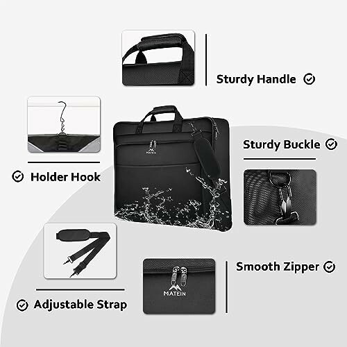 Features of a waterproof laptop bag including sturdy handle, holder hook, sturdy buckle, adjustable strap, and smooth zipper.