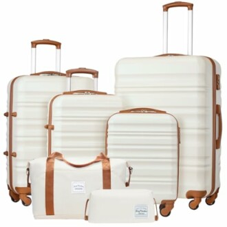 White luggage set with brown accents, includes four suitcases and two bags.