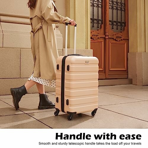 Person pulling a beige suitcase on wheels.