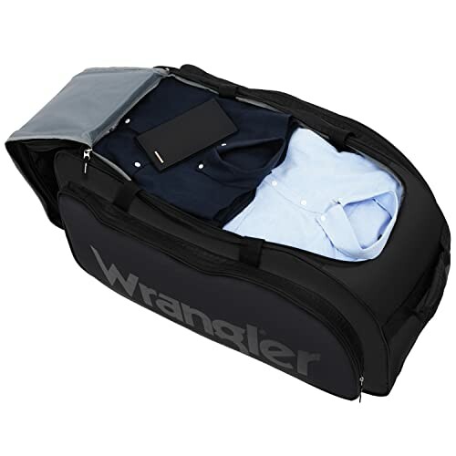 Open Wrangler duffel bag with clothes and tablet inside