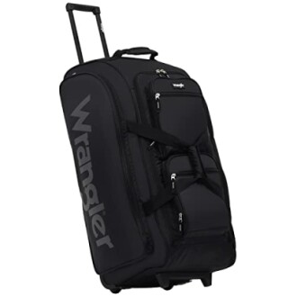 Black Wrangler rolling duffel bag with multiple compartments.